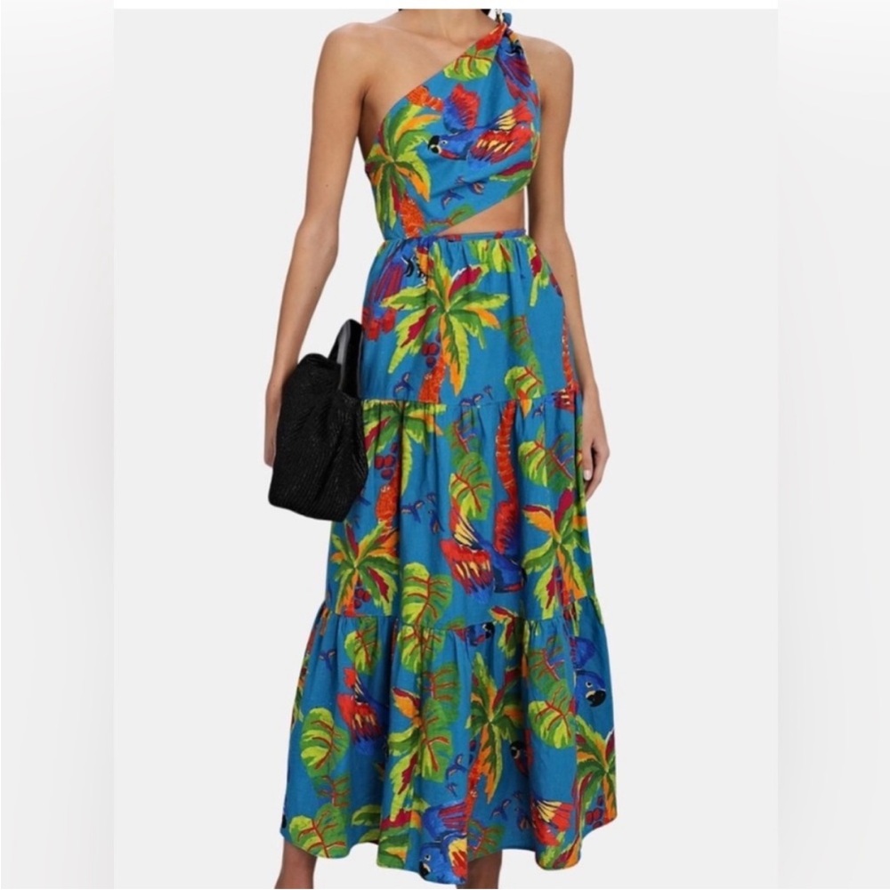 FARM Rio Blue Tropical Parrot One-Shoulder Asymmetrical Dress